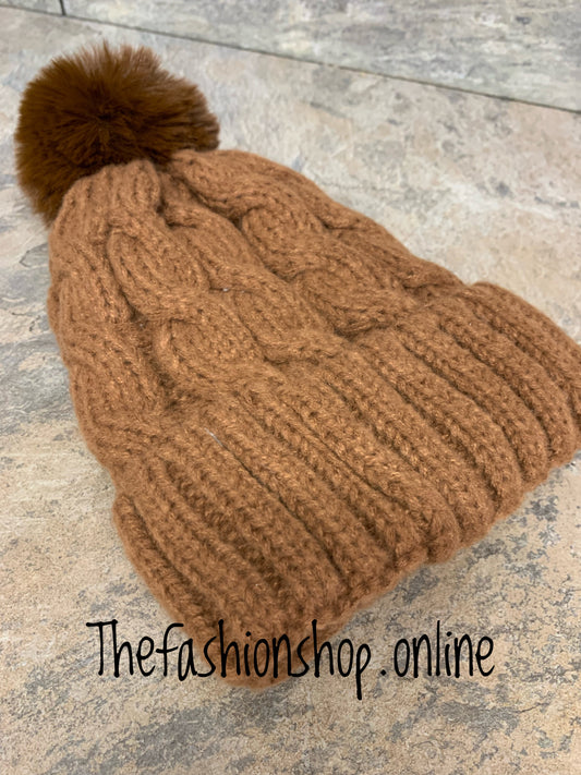 Tan cable fleece lined pompom hat