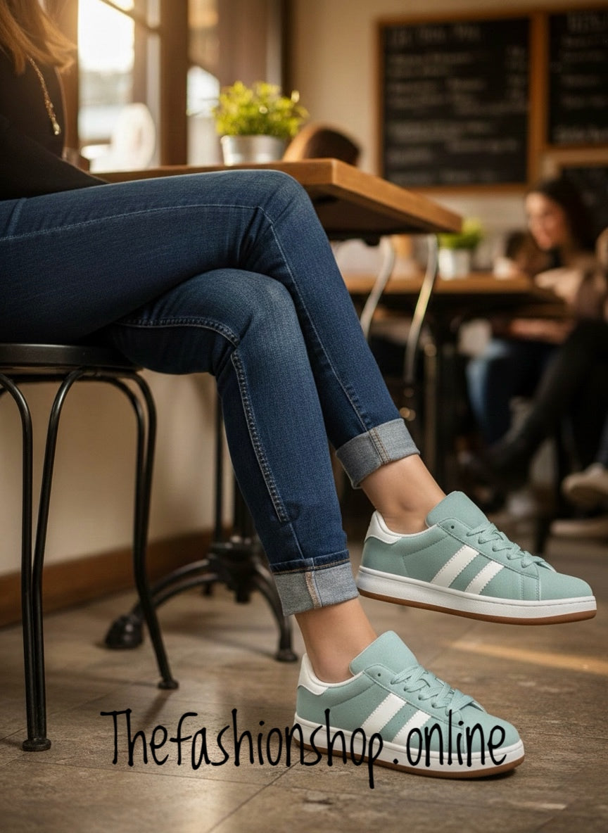 Elsie green twin stripe faux suede trainers sizes 3-8 (36-41)