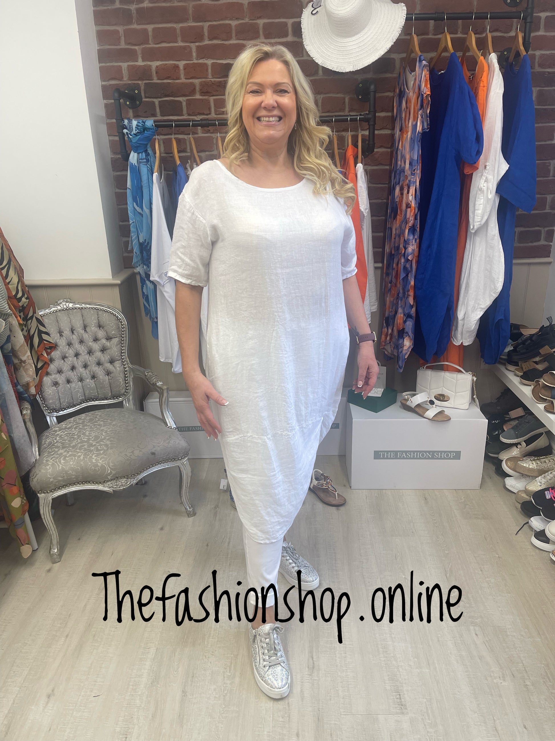 White linen tulip hem dress 12-16 The Fashion Shop White linen tulip hem dress 12-16 The Fashion Shop