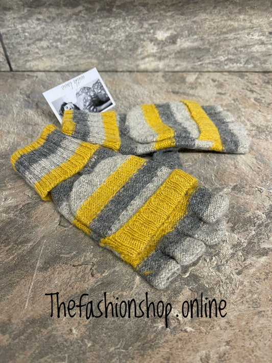 Wool and angora mustard and grey stripe fingerless gloves
