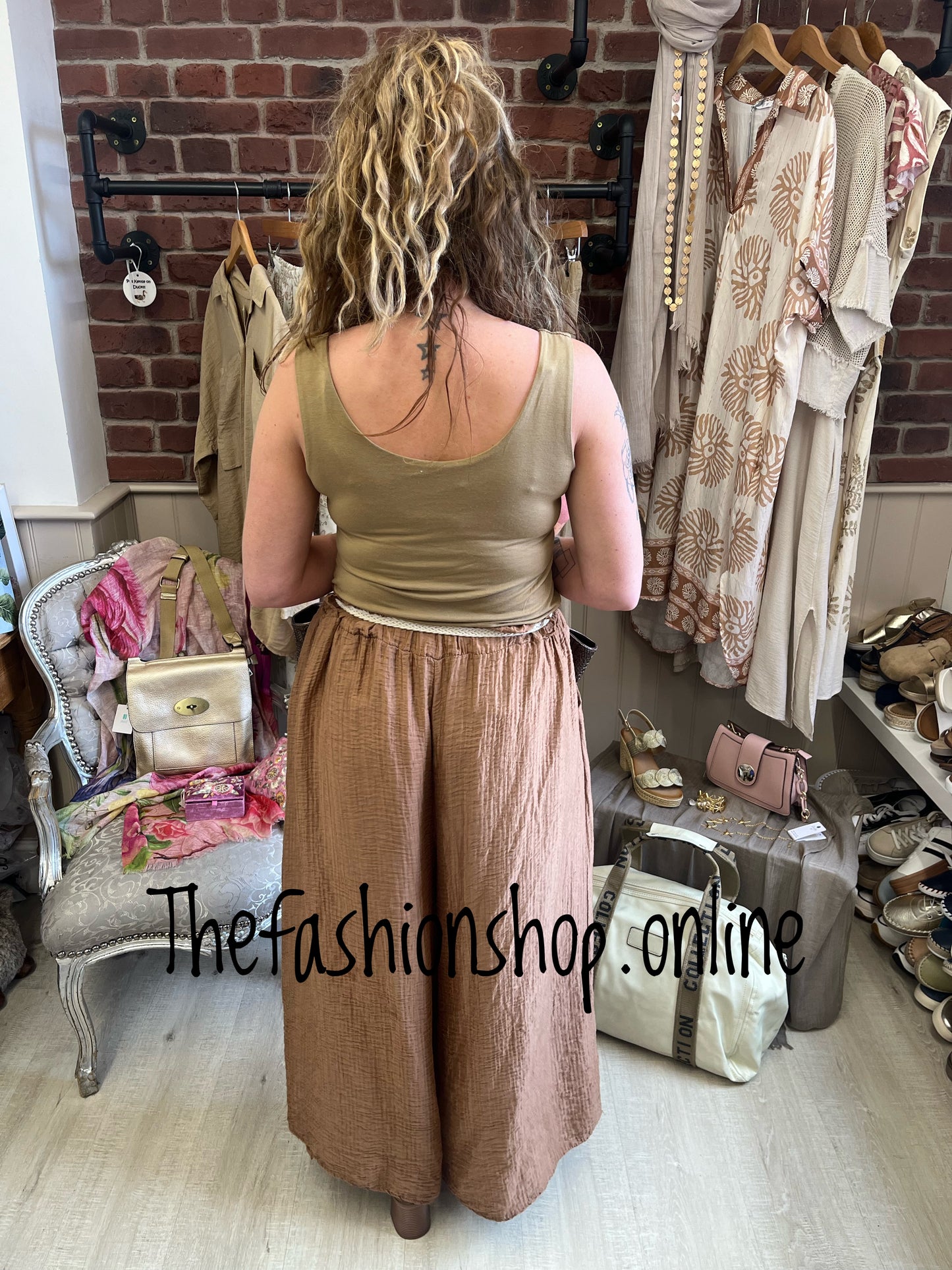 Connie textured camel trousers with belt 10-18