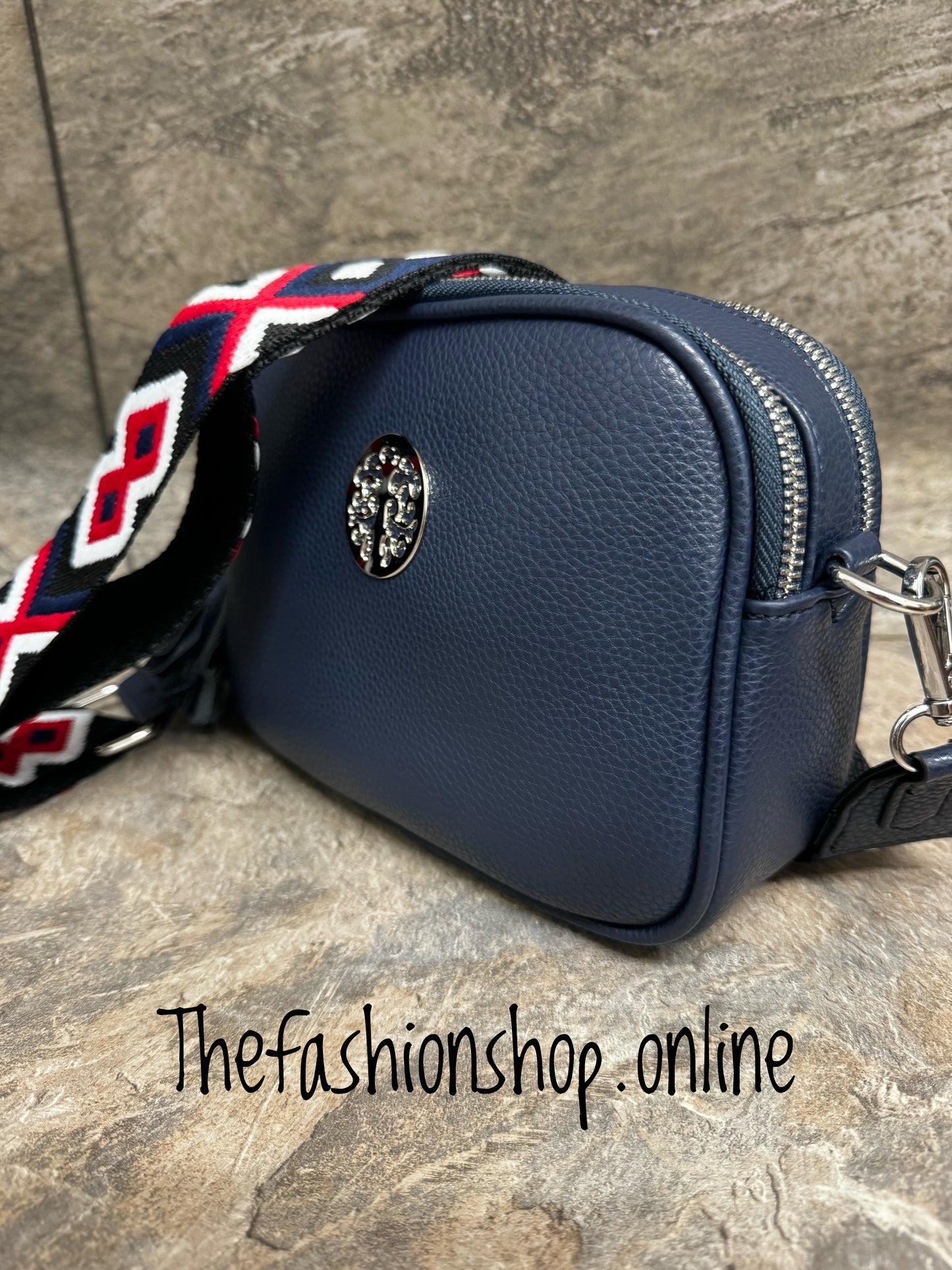 Navy faux leather bag with tassels