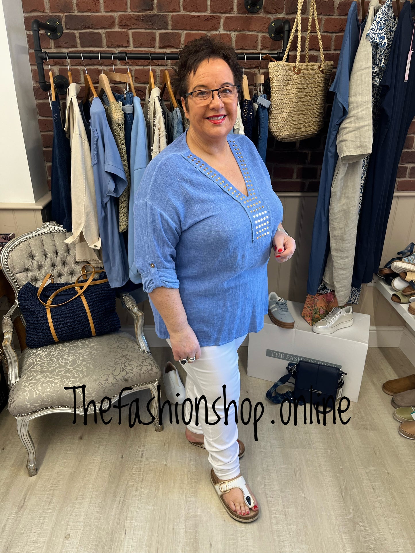Zoe denim blue linen mix studded top 12-20