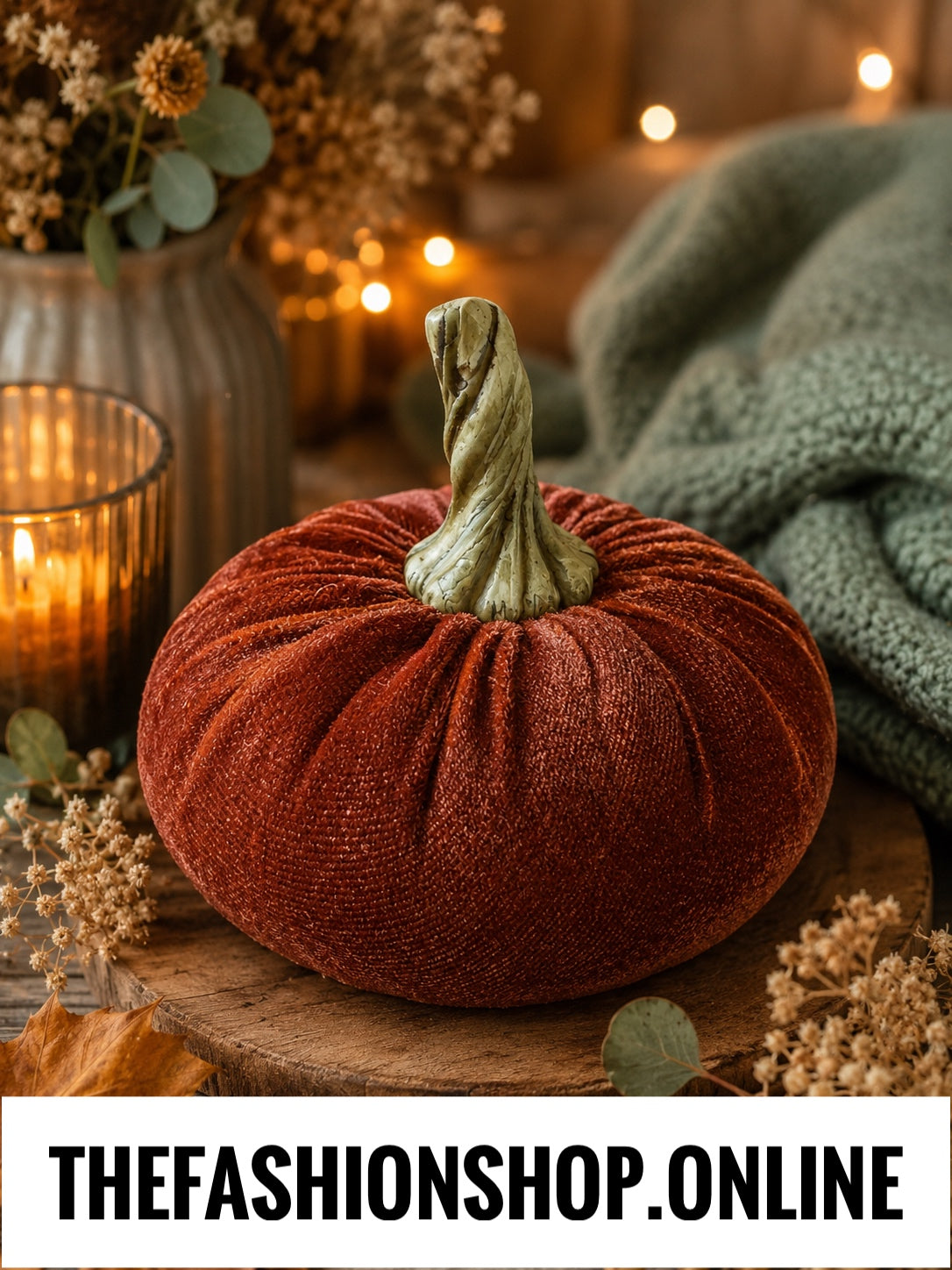 Candlelight Small Velour Pumpkin in Terracotta