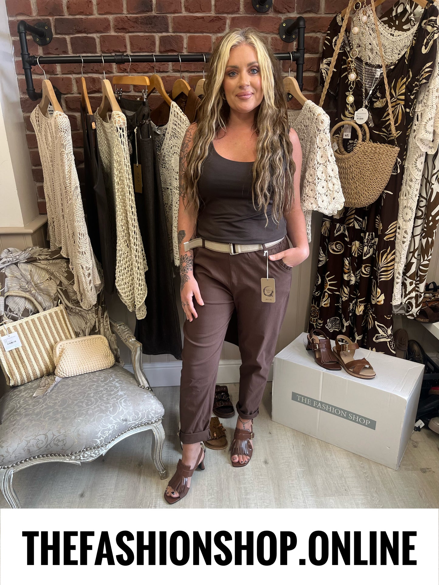 Cally brown stretchy trousers with belt 8-16