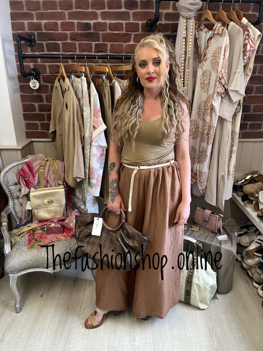 Connie textured camel trousers with belt 10-18