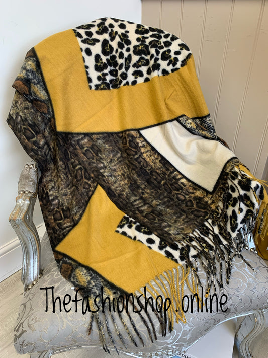 Mustard animal print wool mix scarf