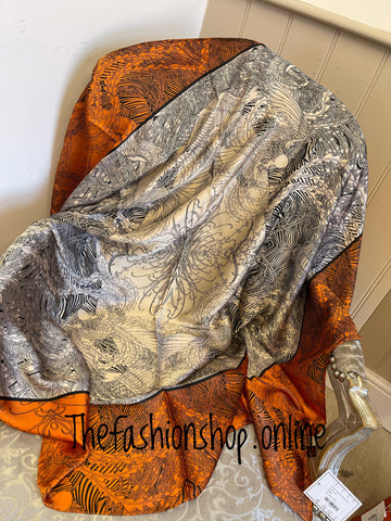 Orange cream and black silky square scarf
