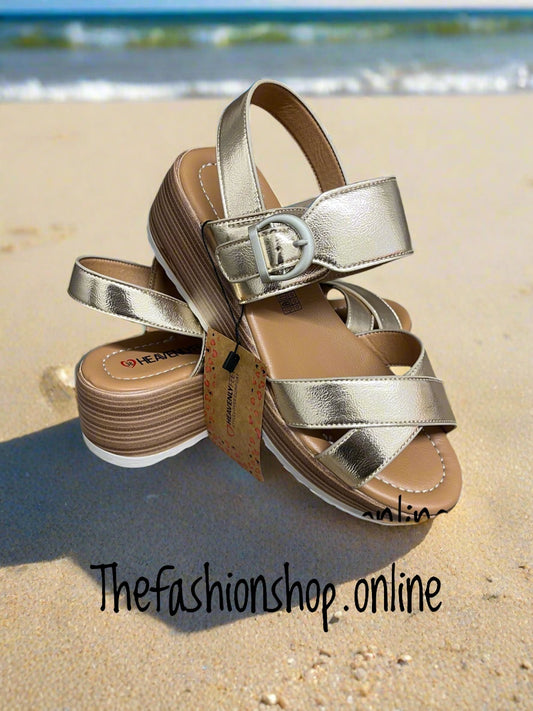 Heavenly Feet gold Destiny wedge sandal sizes 4-6.5 (37-40)