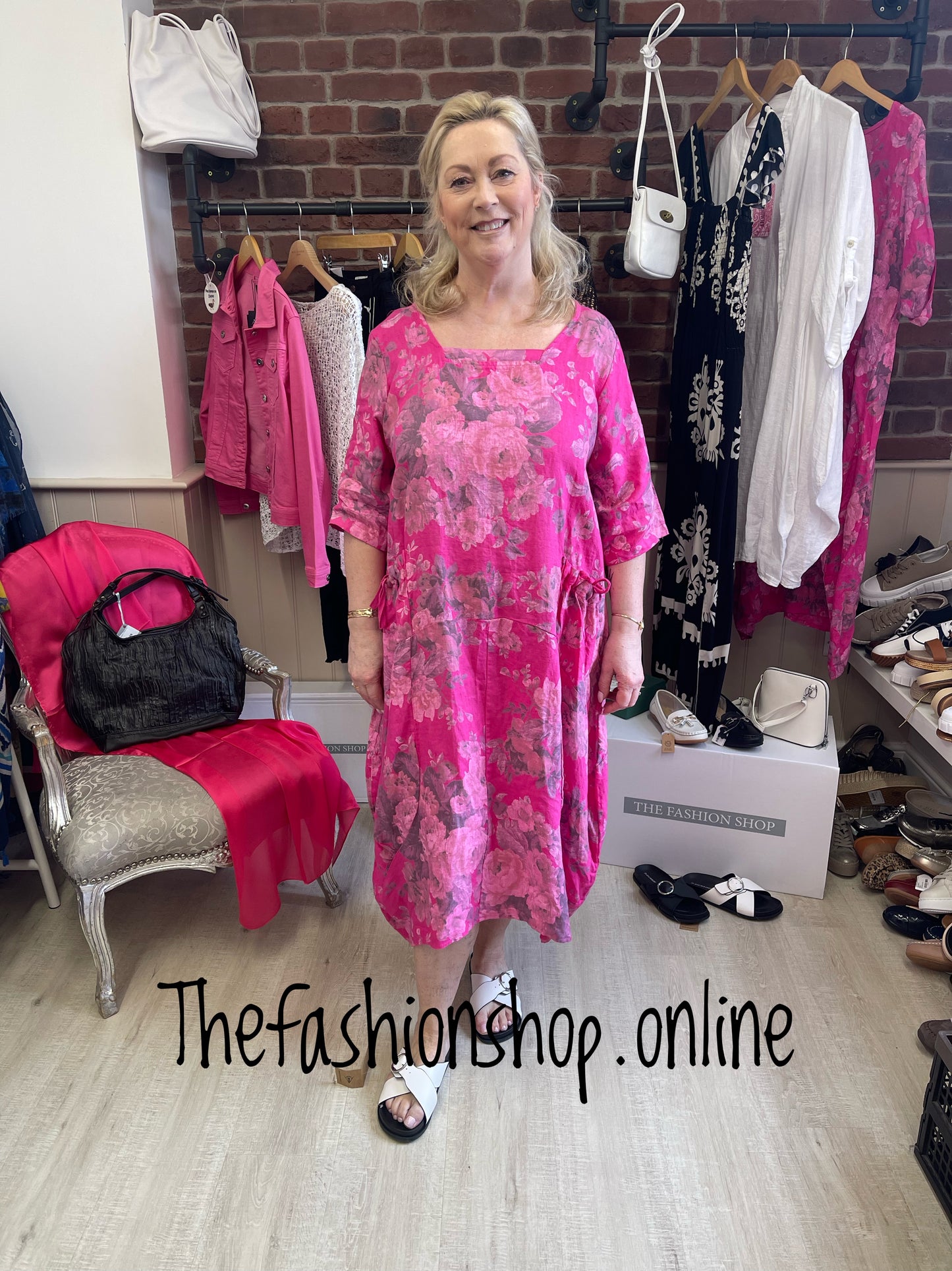 Hot pink square neck floral linen dress 16-20