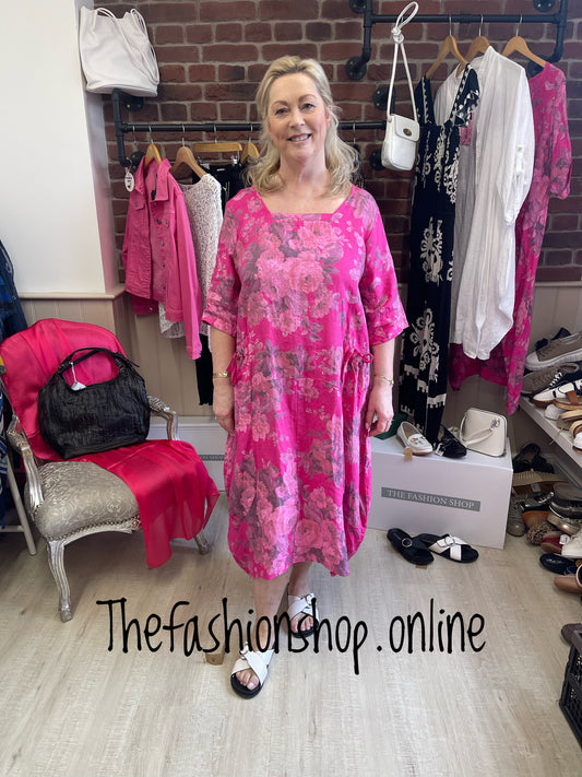 Hot pink square neck floral linen dress 16-20
