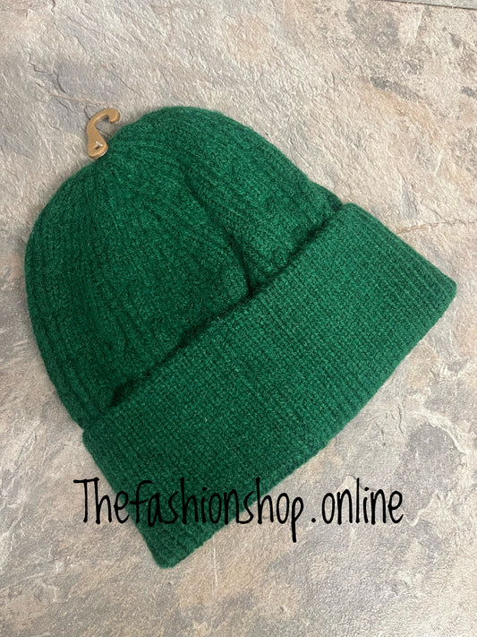 Green fine cable knit beanie hat