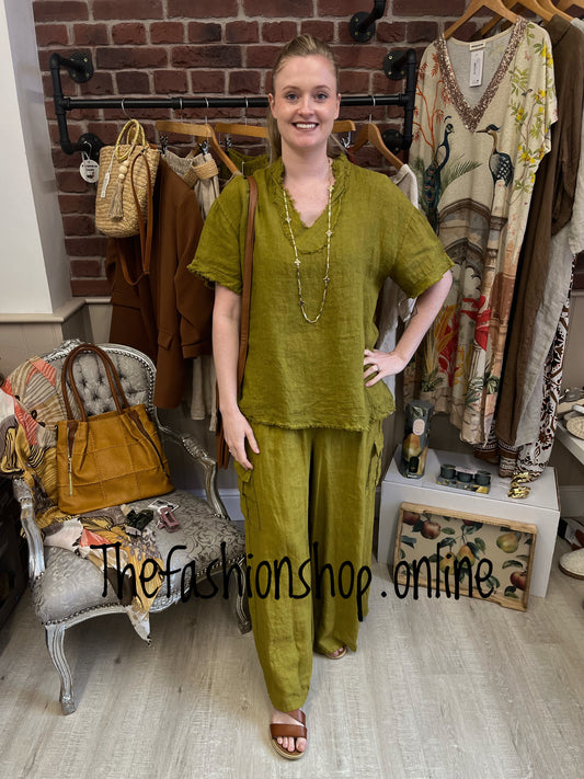 Olive v neck frayed detail linen top 10-16