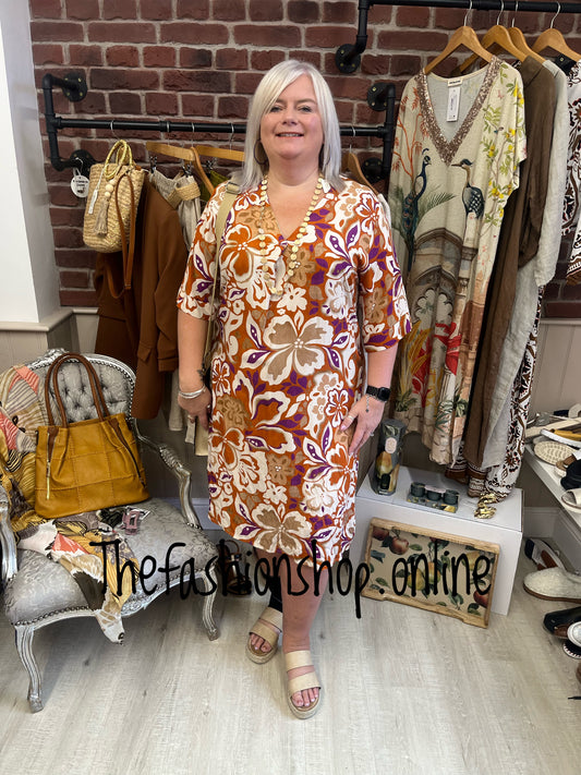 Premium Italian magenta and rust v neck tunic dress 14-18