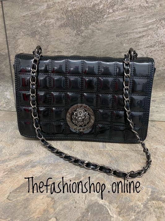 Black designer inspired patent stitch bag