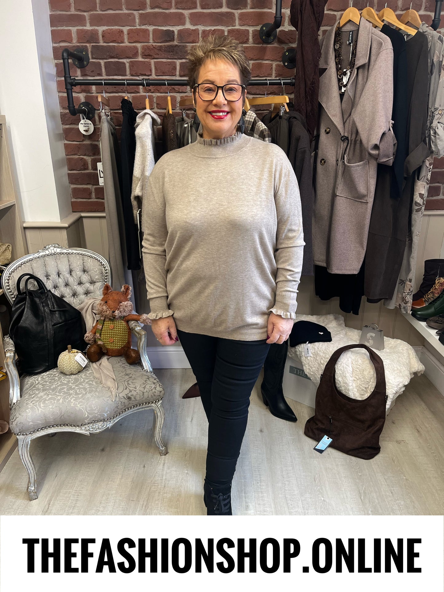 Monroe mocha frill neck fine knit jumper sizes 8-14 and 16-22