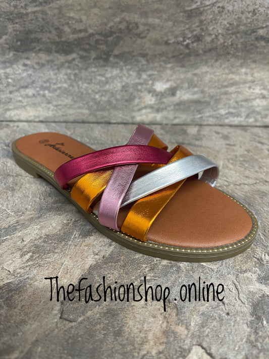 Multicoloured metallic slip on sandal sizes 3.5-7