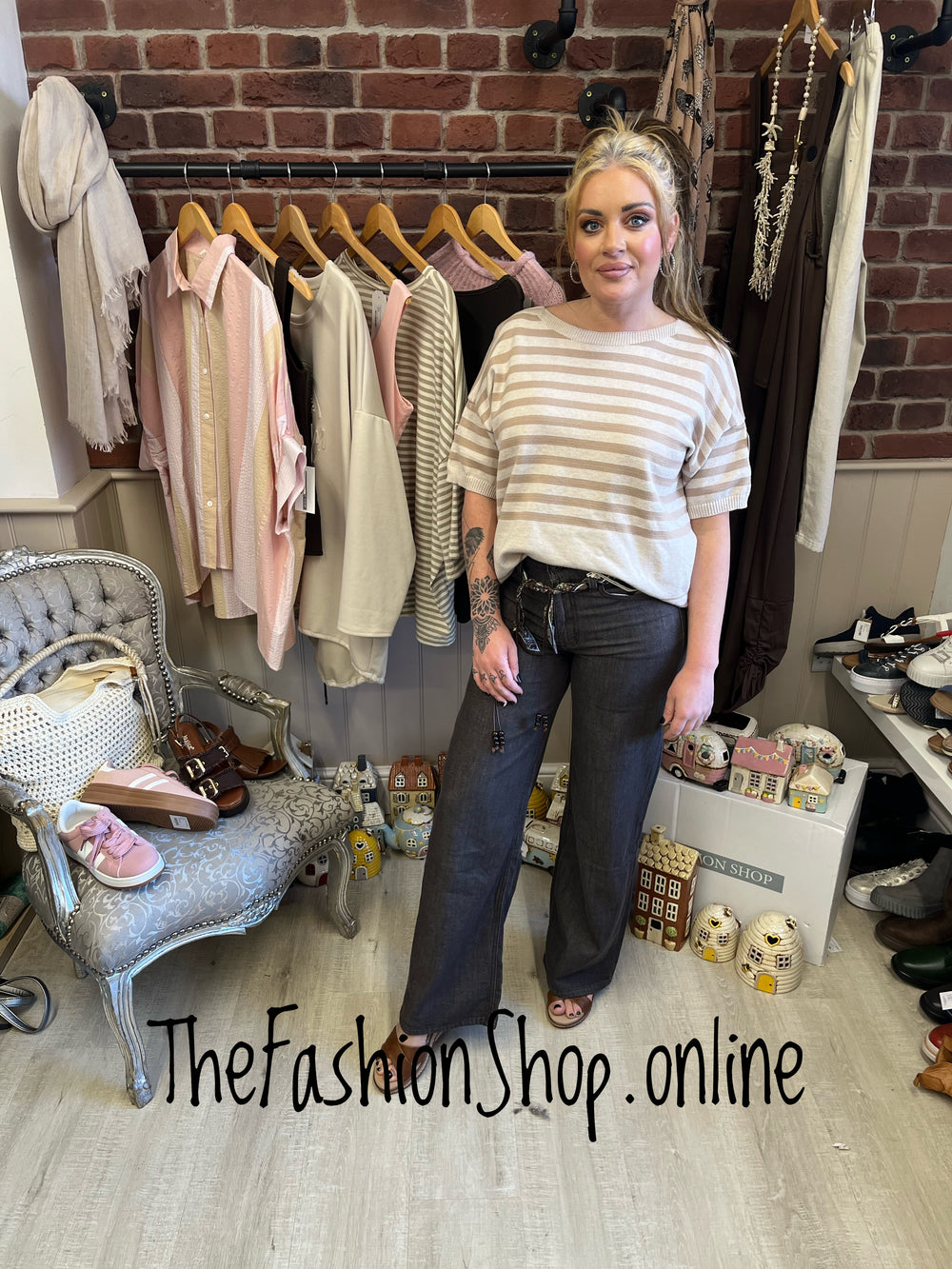 Rachel beige striped knitted top 10-16