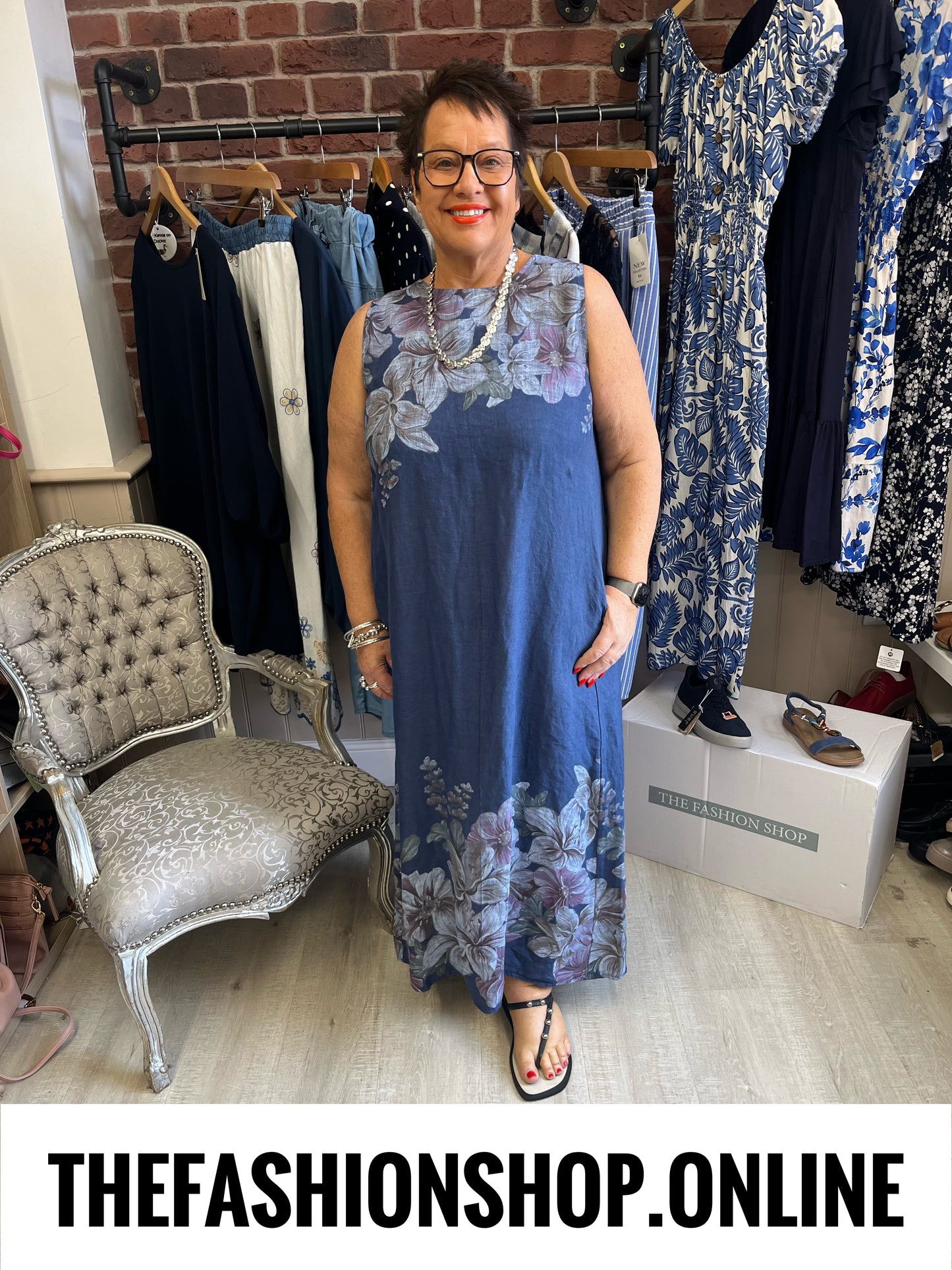Neve navy linen floral dress 12-18