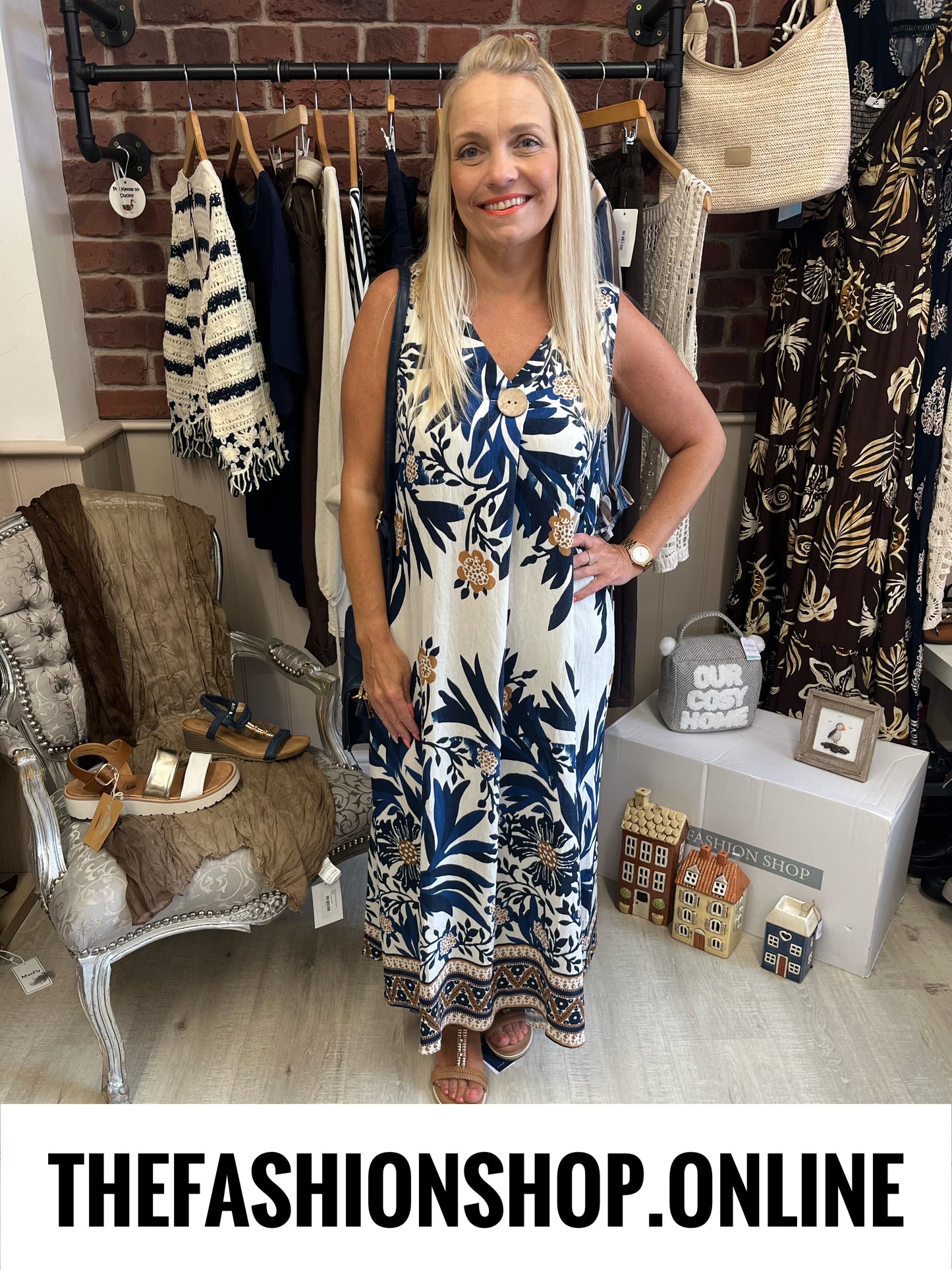 Jillian navy and cream printed dress 10-16