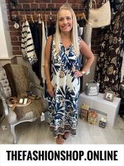 Jillian navy and cream printed dress 10-16