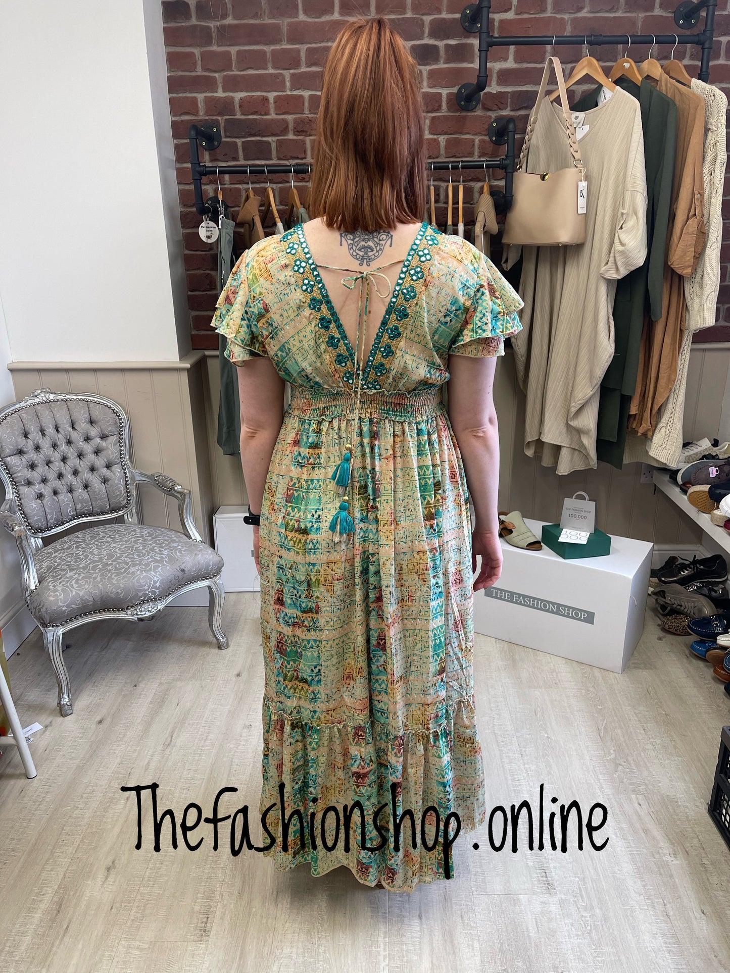 Green silk vintage tassel dress 8-16