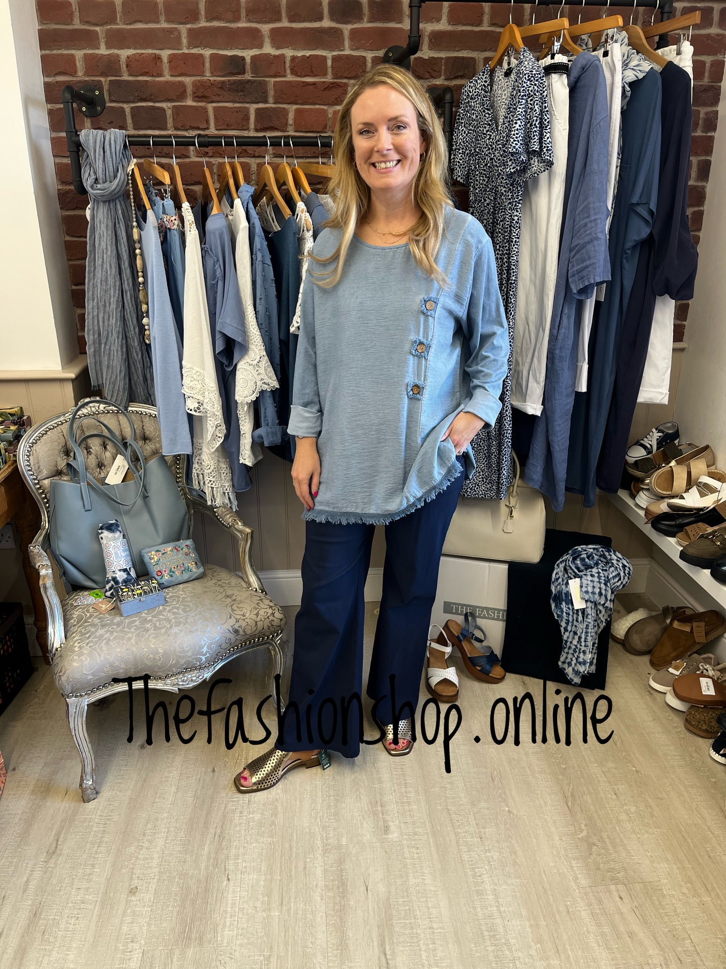 Penny denim blue frayed hem top 10-18