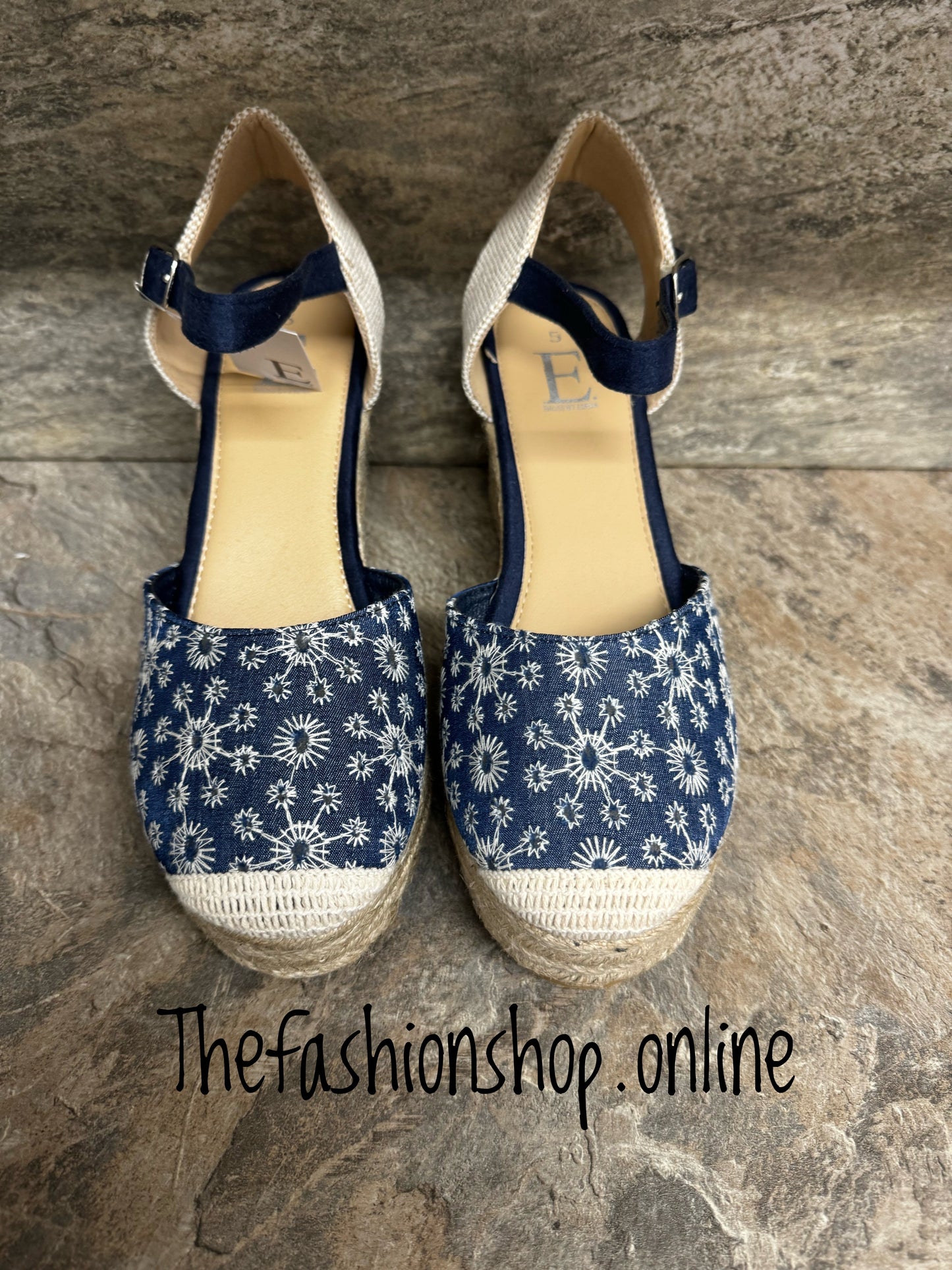 Denim broderie anglaise espadrille wedge sizes 4-8