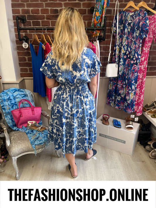 Harmony Blue Willow Midi V Neck Dress 10-18