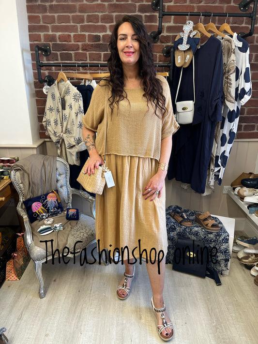Leah camel dress with mesh overlay 8-18