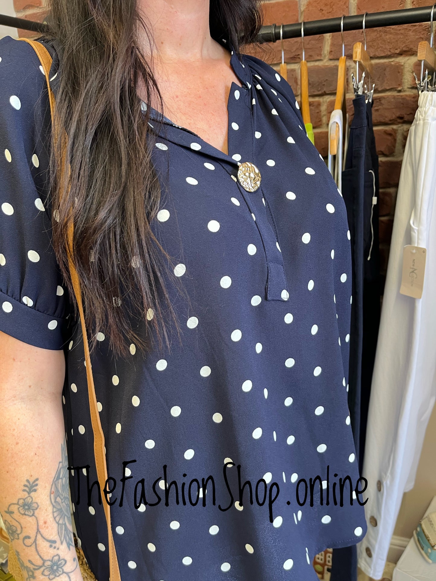Natalie navy and white spot button blouse 12-16