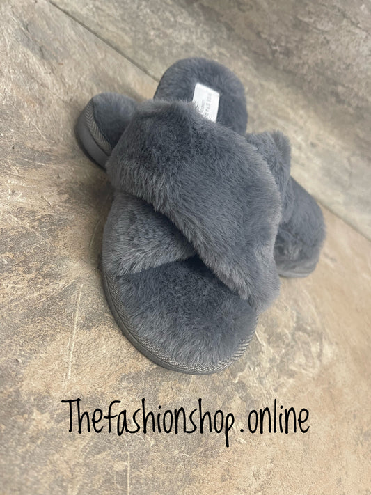 Miss Sparrow charcoal faux fur cross over slippers