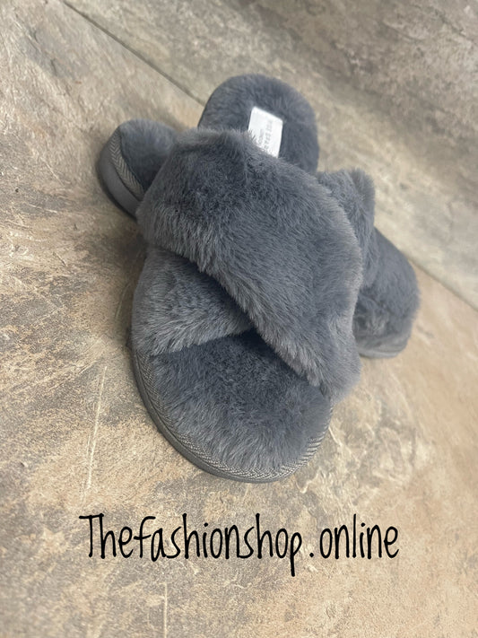 Miss Sparrow charcoal faux fur cross over slippers