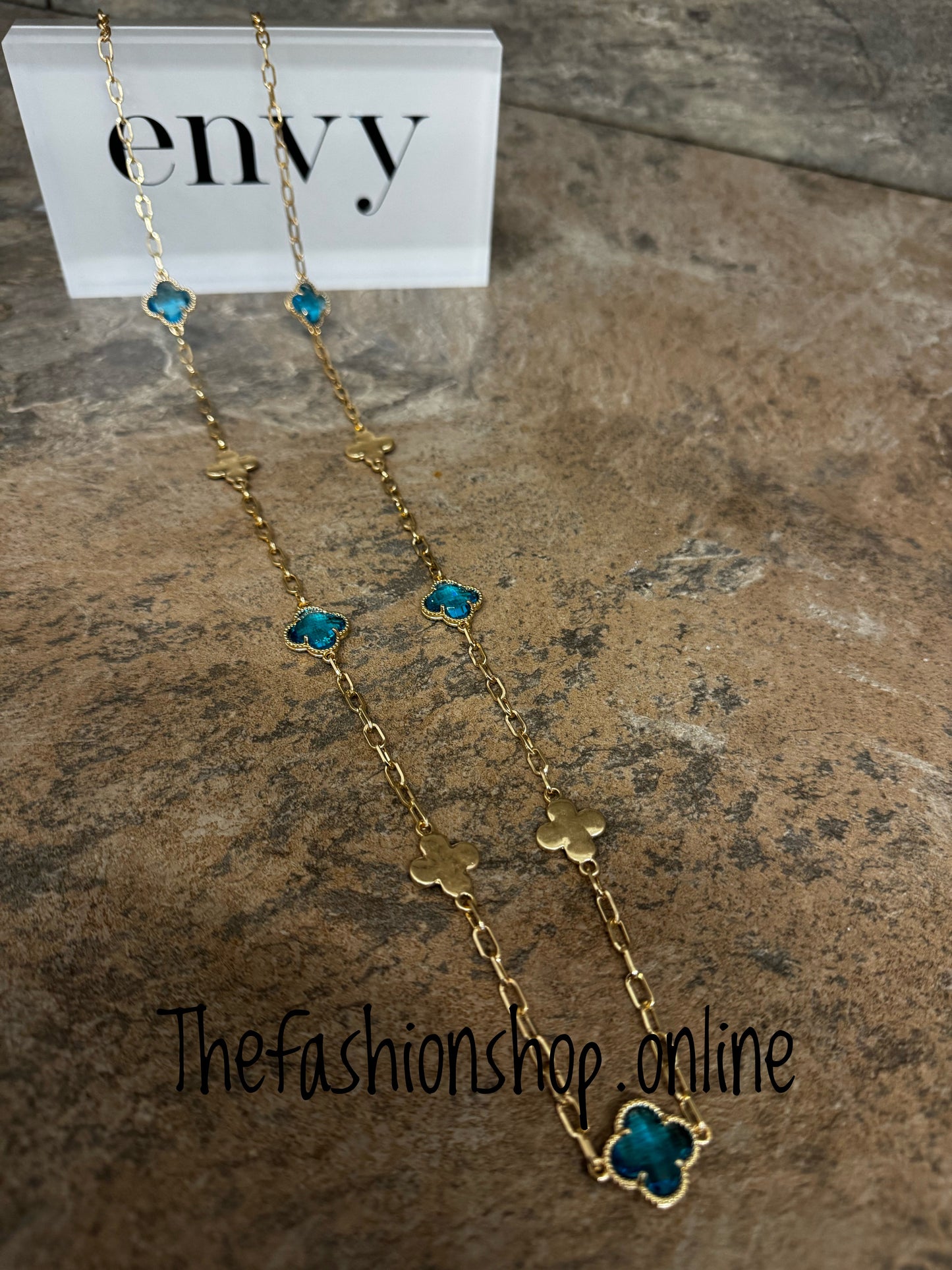 Envy long gold and turquoise clover necklace