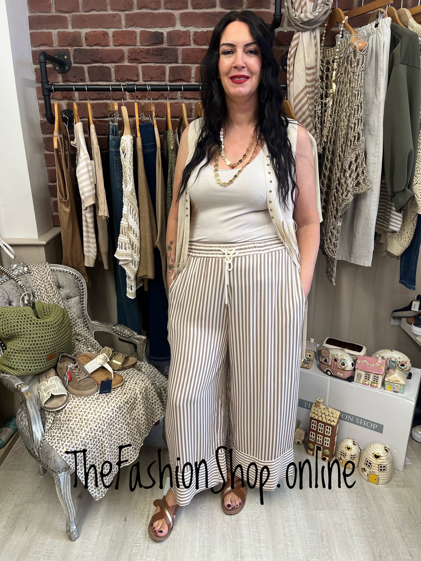 Hallie mocha and cream striped wide leg trousers 8-14
