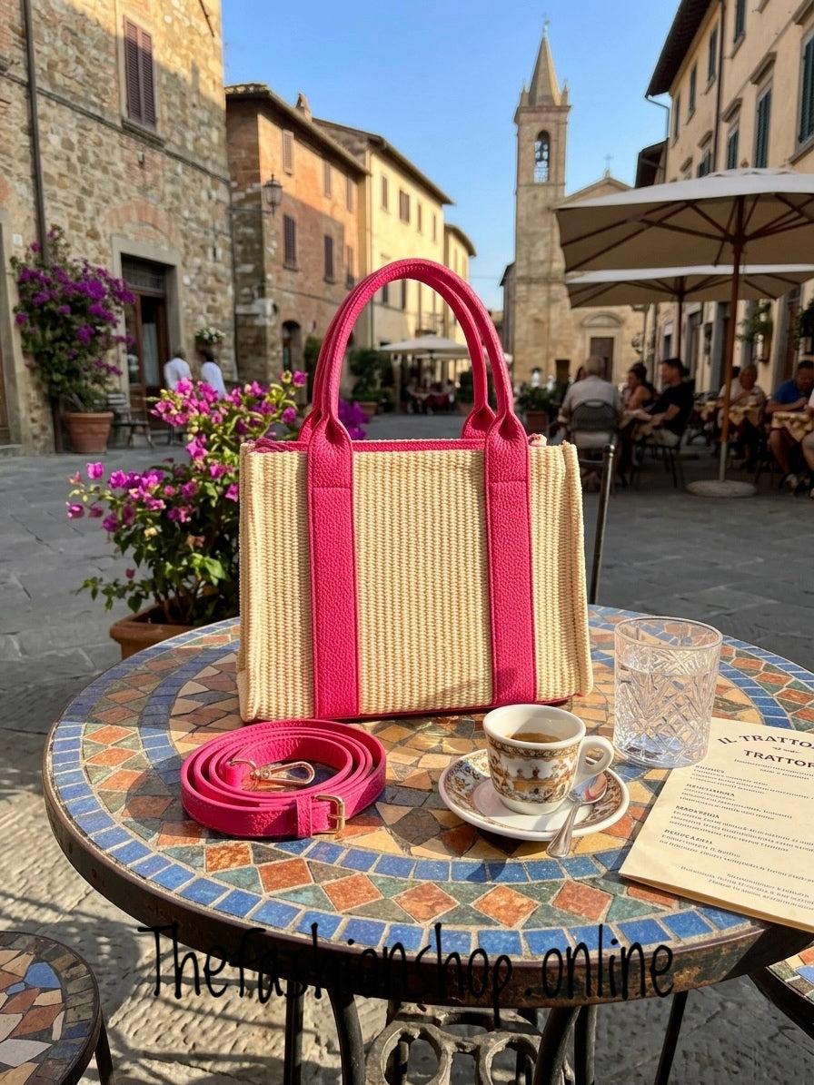 St Tropez small summer bag in cream with hot pink