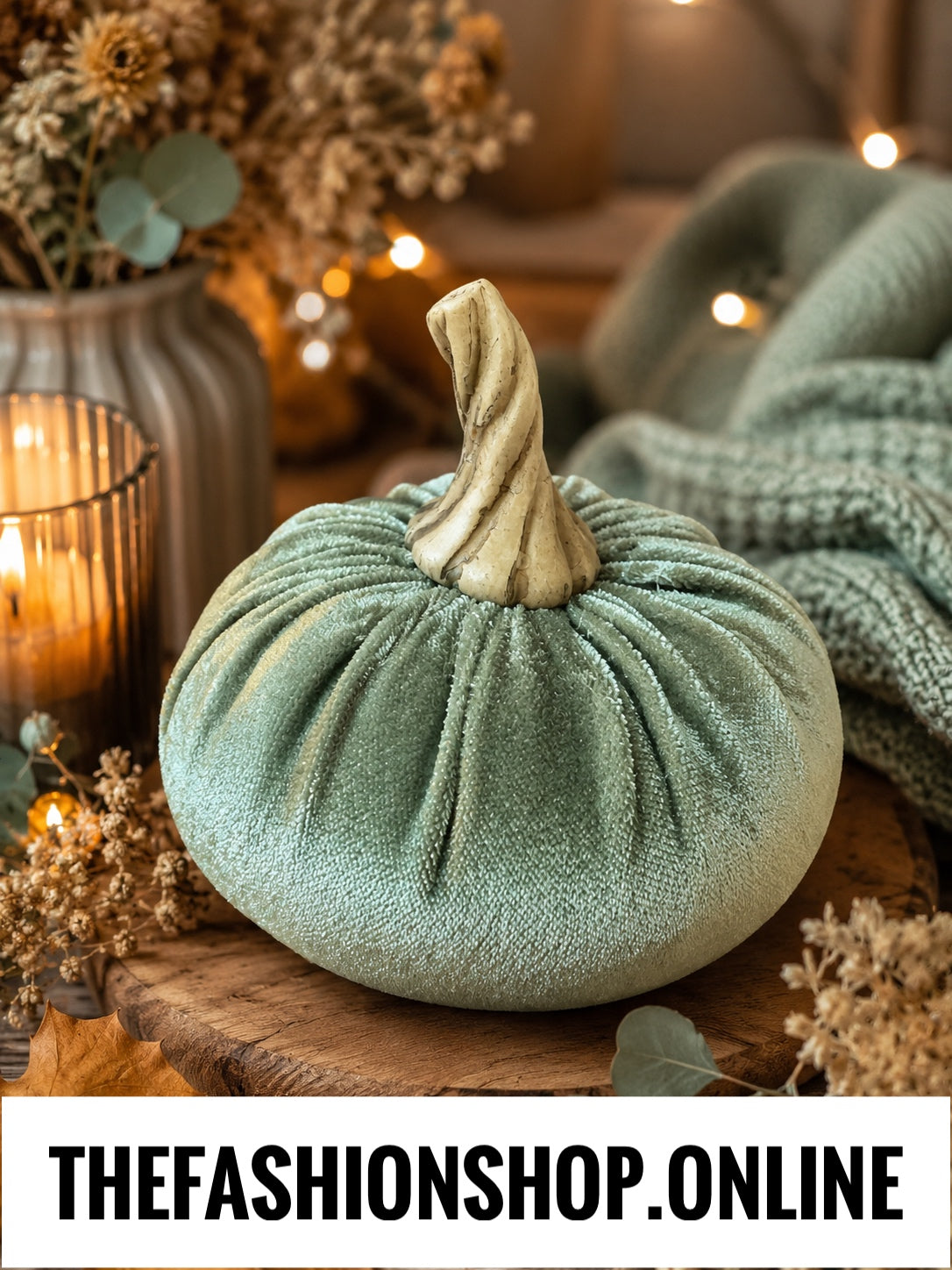Candlelight Small Velour Pumpkin in Emerald Green