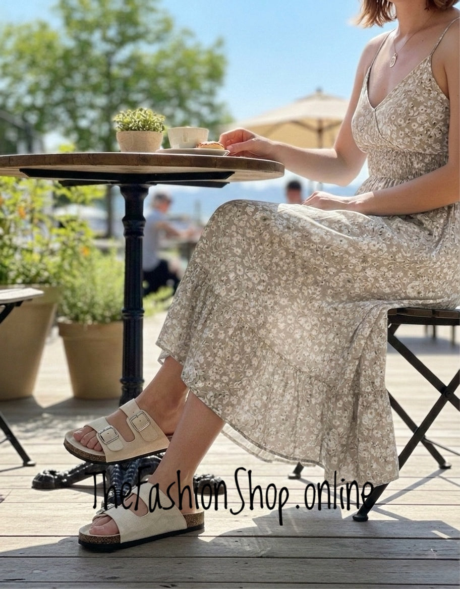 Patsy beige faux suede buckle sliders sizes 3-8 (36-41)