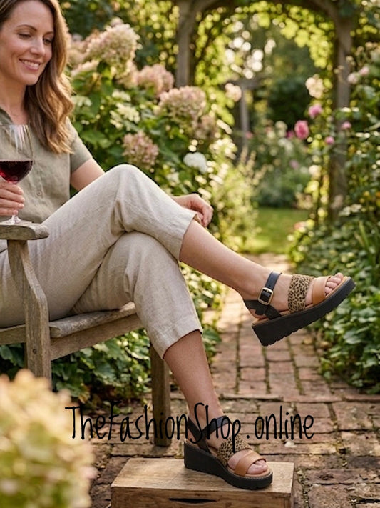 Heavenly Feet Fleur black, leopard and tan sandals sizes 4-8 (37-41)