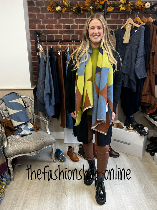 Denim, tan and lime cashmere mix scarf