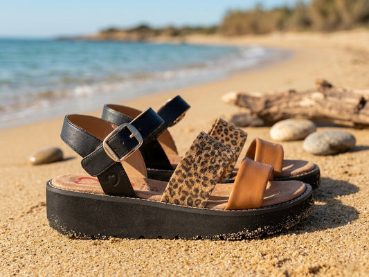 Heavenly Feet Fleur black, leopard and tan sandals sizes 4-8 (37-41)