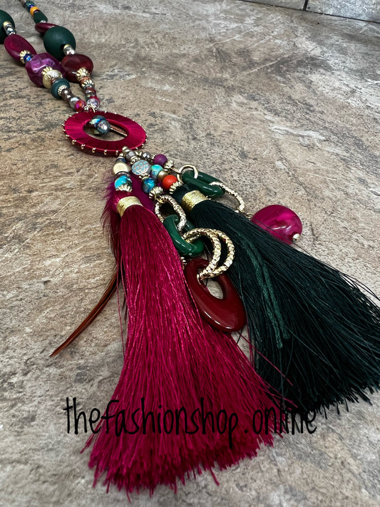 Magenta and khaki long tassel necklace
