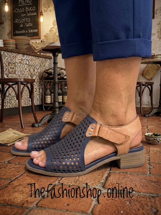 Modella Beatrice navy and tan leather honeycomb sandals sizes 4-8 (37-41)
