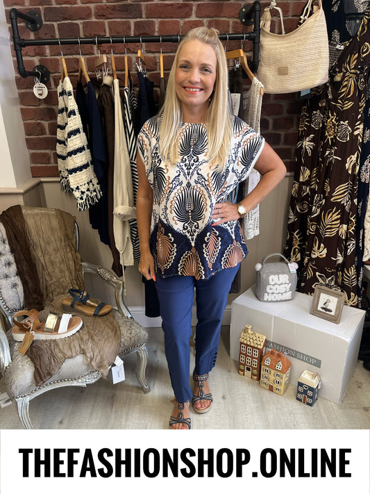 Isabella navy and tan damask top 10-16
