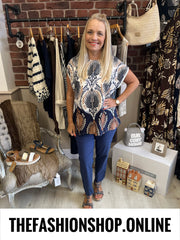 Isabella navy and tan damask top 10-16