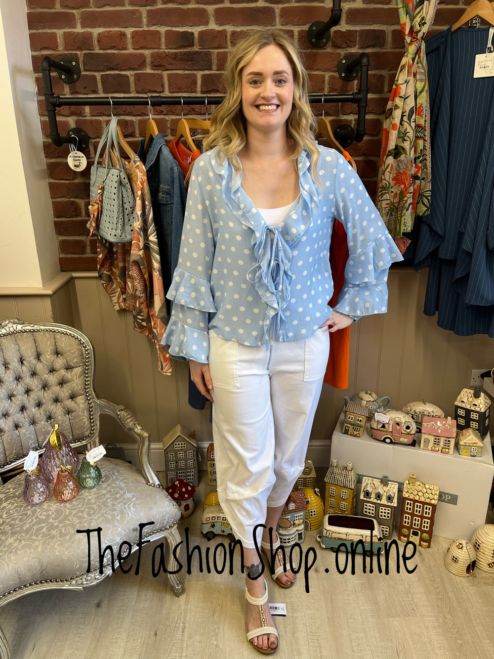 Melissa blue polka dot tie front blouse sizes 12, 14 and 16