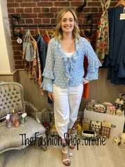 Melissa blue polka dot tie front blouse sizes 12, 14 and 16