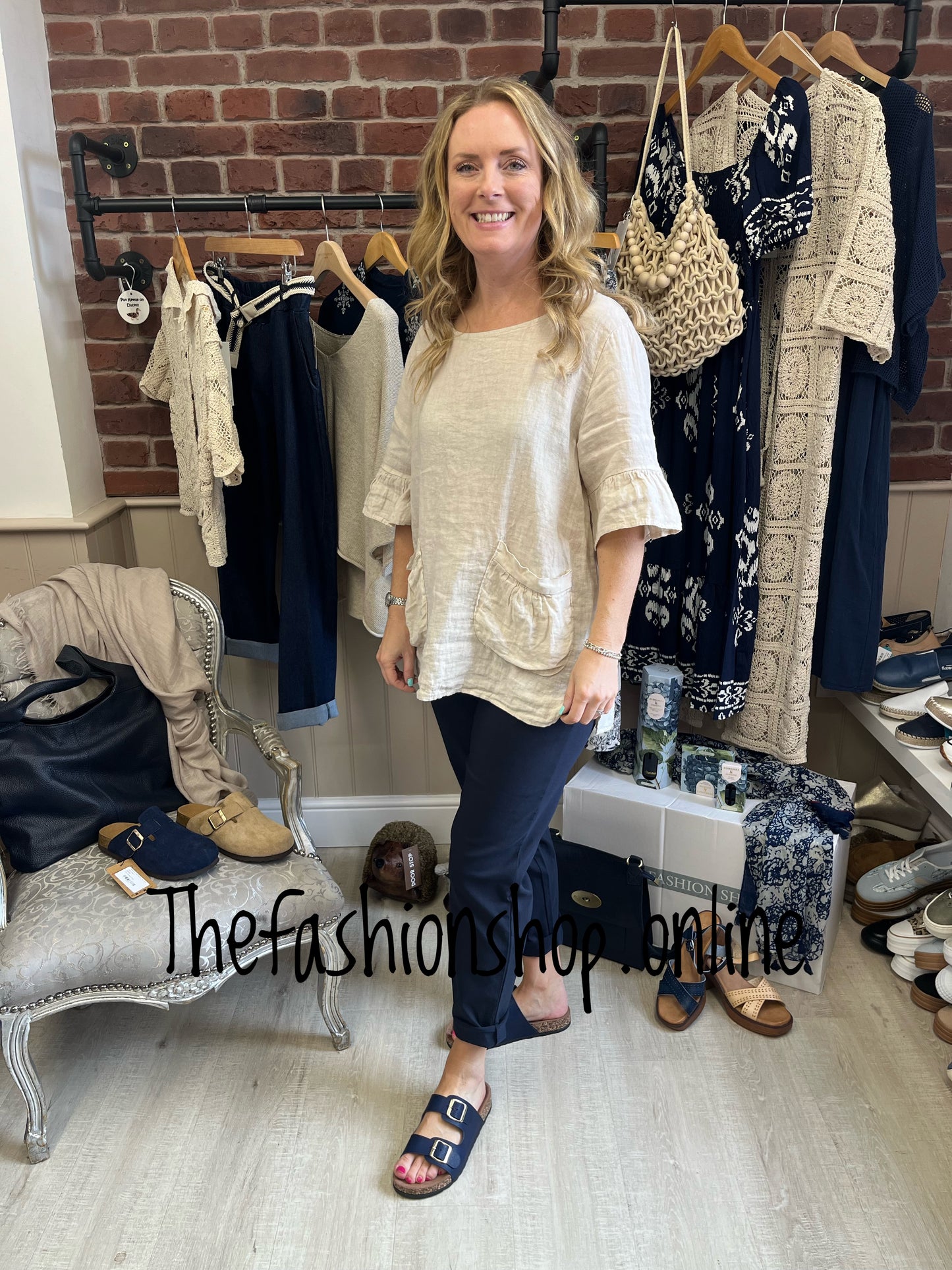 Stone linen double pocket top 10-14
