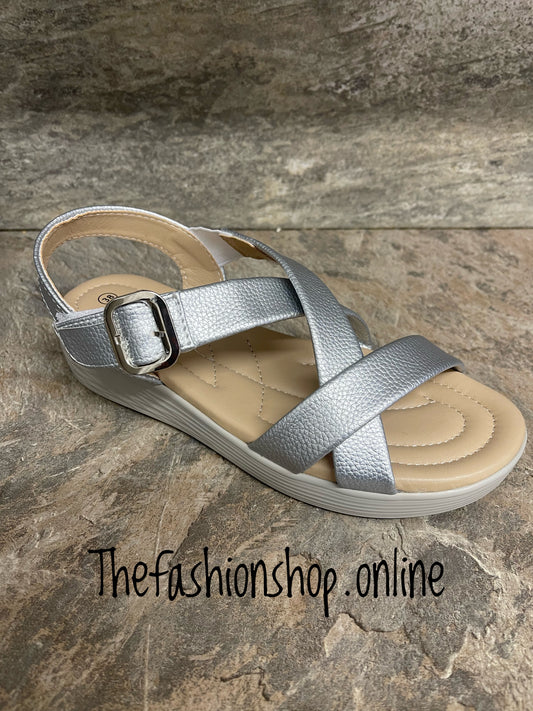 Silver low wedge strappy sandals sizes 3.5-7
