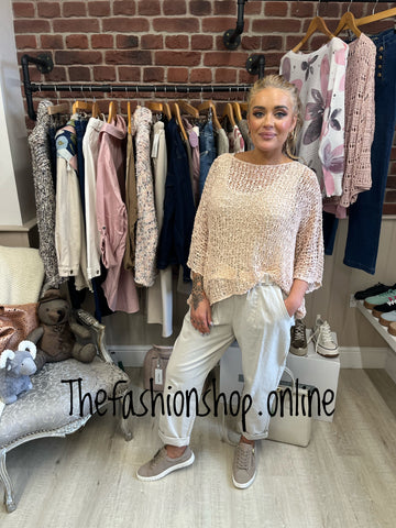 Pale pink popcorn open knit top 10-20